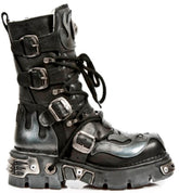 NEW ROCK - 107-S2 Silver Flame Skull Lace Up Boots